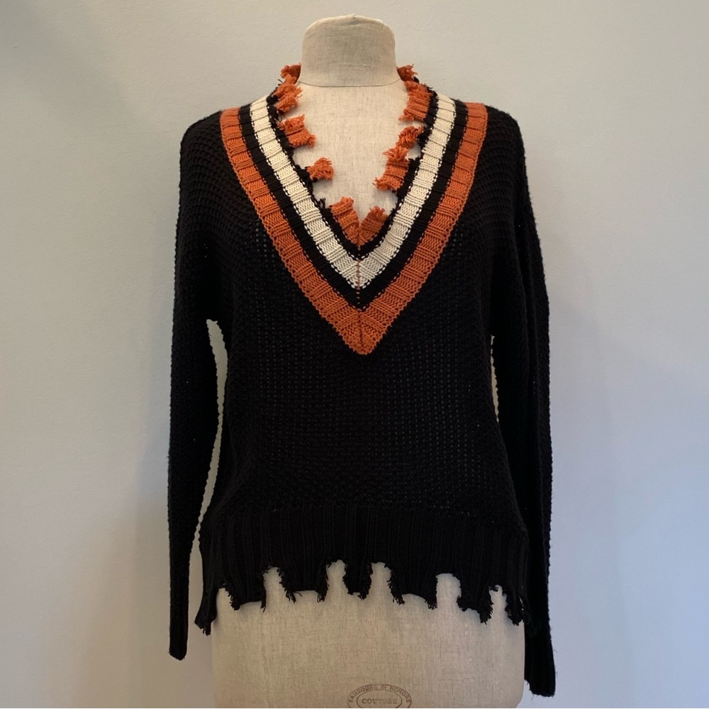 Elan Womens Black V Neck Distressed Sweater w Cream & Orange Border / M / NWT
